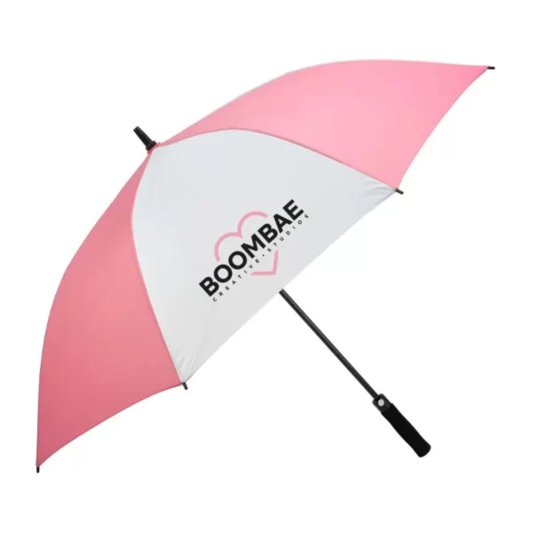 Customised golf umbrella in pink and white branded with logo in full colour,