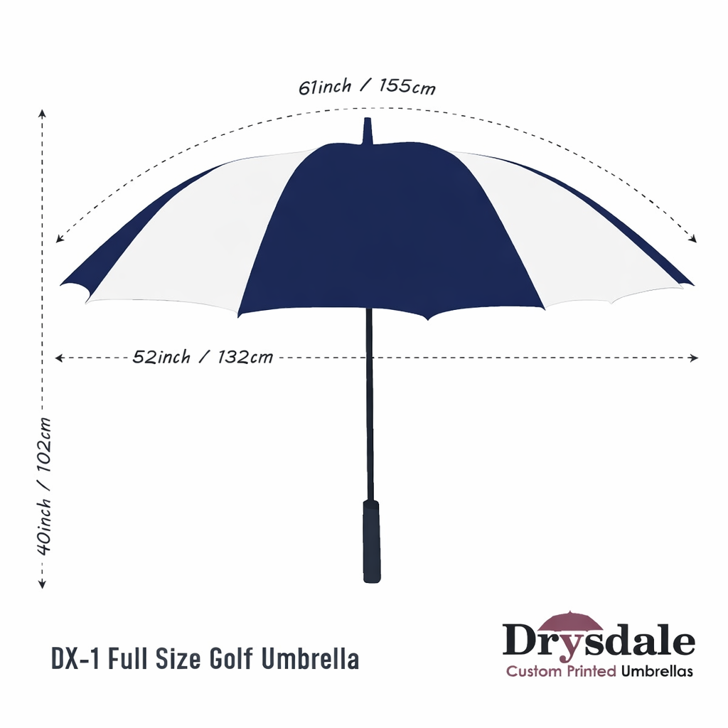 DX-1 Golf Umbrella Dimensions – Navy & White Branded Umbrella Size Guide Navy and white custom branded golf umbrella dimensions 132cm canopy size