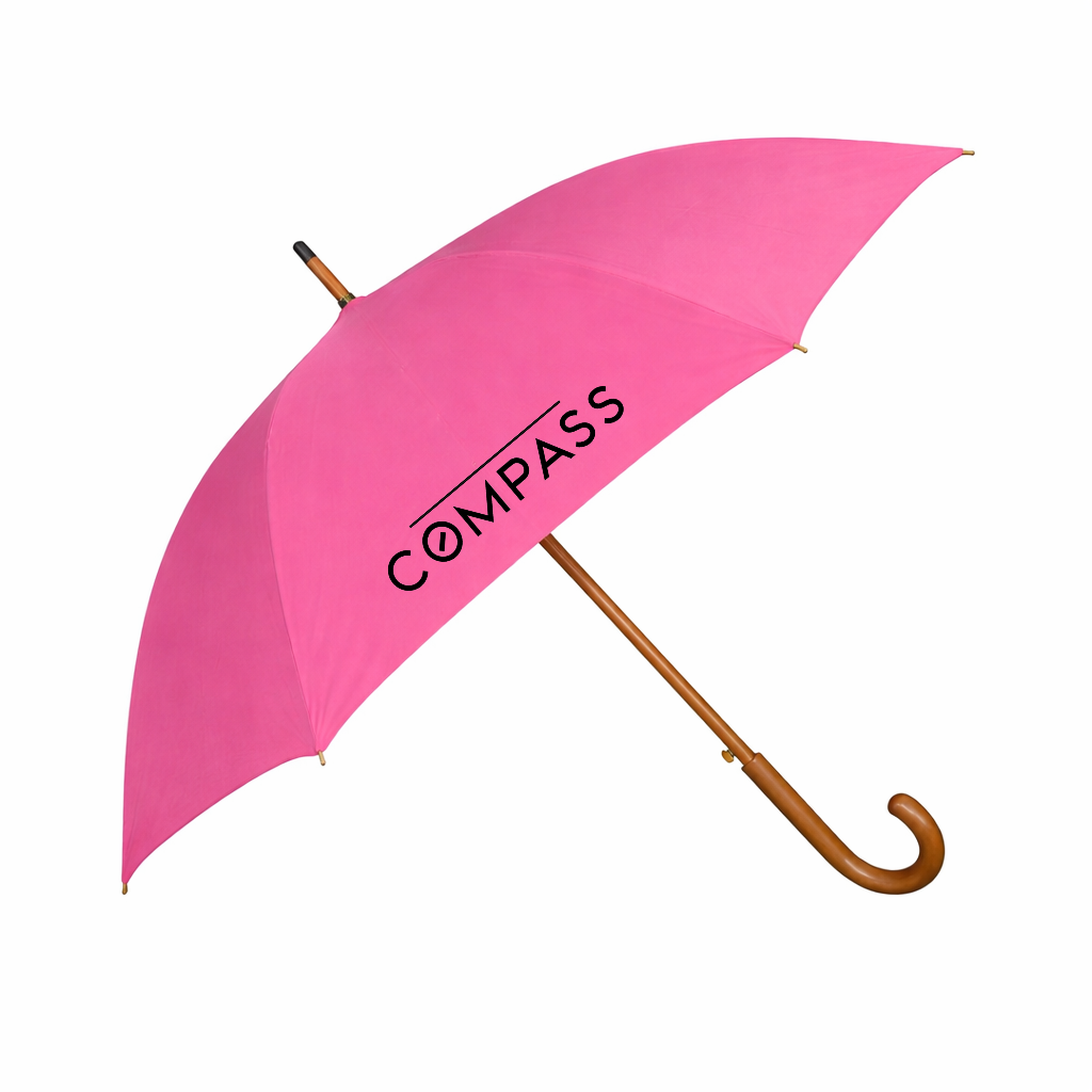 Premium pink curved wooden crook handle umbrella, suitable for custom printed, personalised, or branded logos, perfect for corporate gifts, promotion events, and umbrellas with logo.