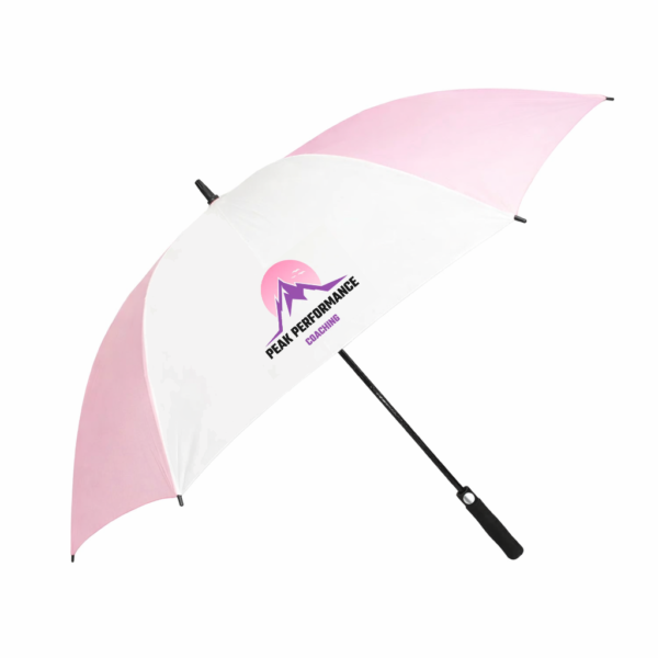 Baby pink & white custom branded umbrella with full colour logo printing