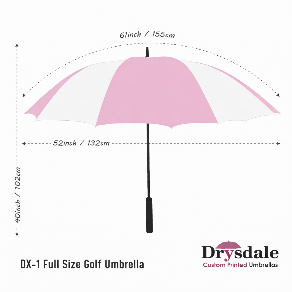 Baby Pink & White Umbrella Dimensions – DX-1 Golf Umbrella Baby pink & white umbrella dimensions showing 132cm canopy and 102cm length