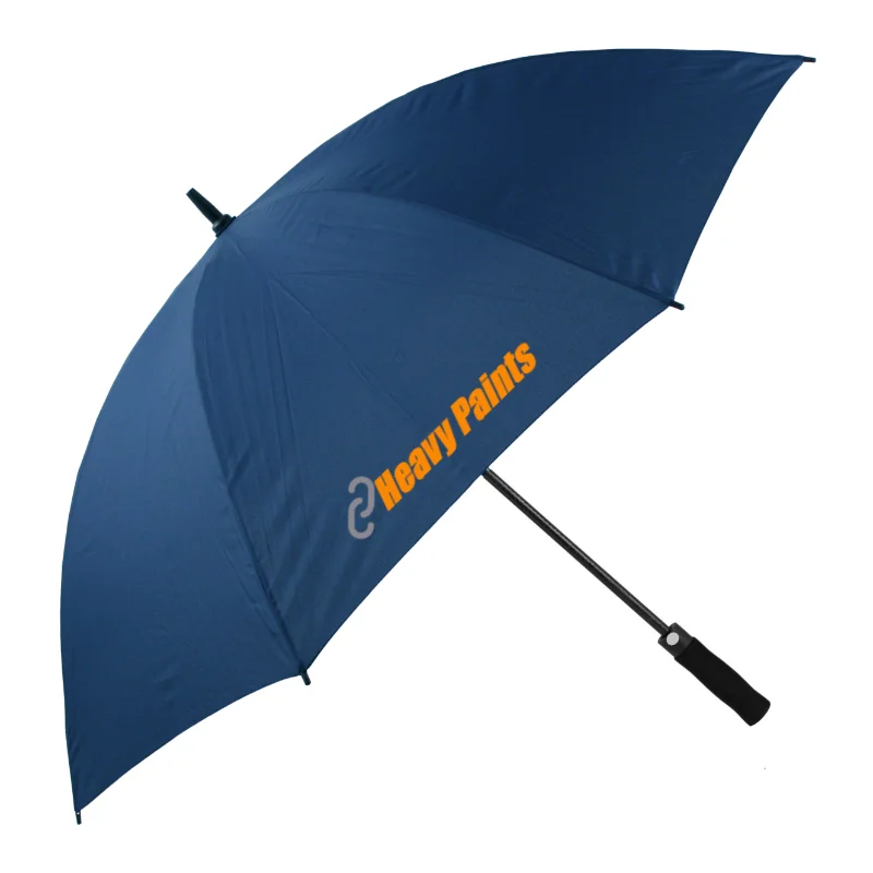 Branded golf umbrella in navy blue with logo printed in 1 colour.