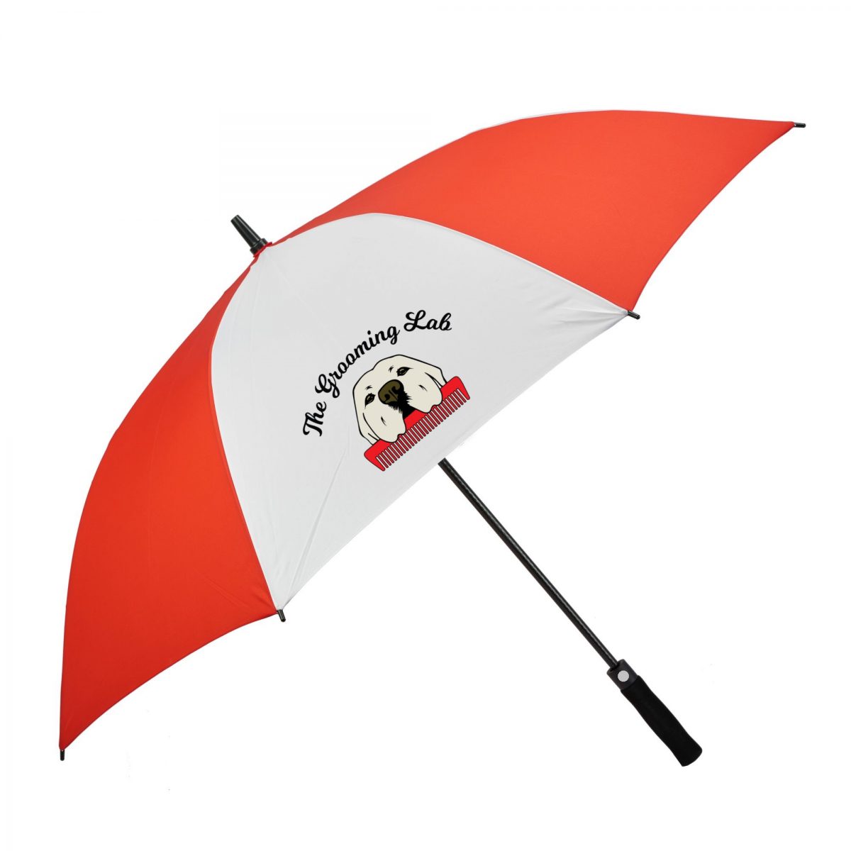 Custom printed umbrella in red and white alternating colours and branded with logo.