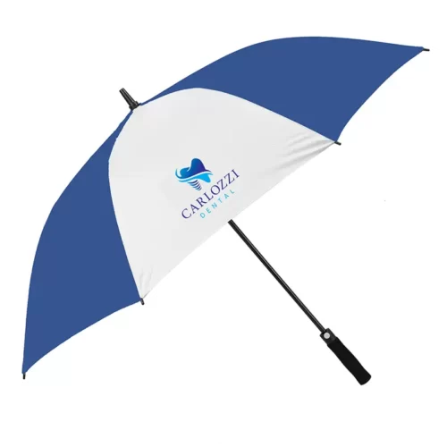 Blue & White panel golf umbrella for promotional printing. Logo Dental.