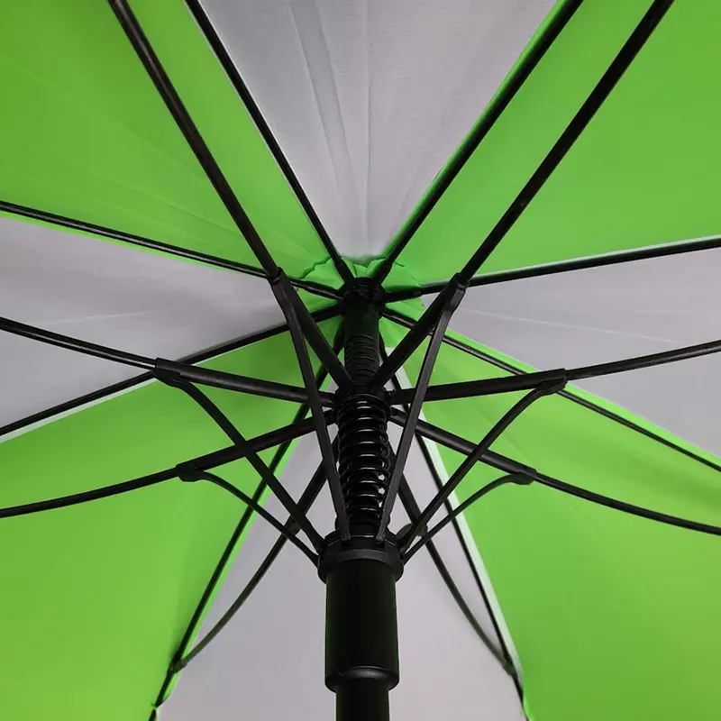 Full size promotional golf umbrella for printing. Green & white panels. Full colour print. No minimum order. Frame.