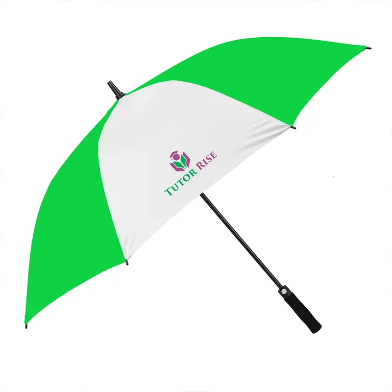 Full size promotional golf umbrella for printing. Green & white panels. Full colour print. No minimum order. Example image - logo - Tudor Rise.