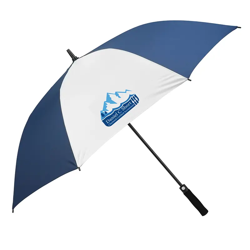 Customised umbrella navy blue and white with full colour logo.
