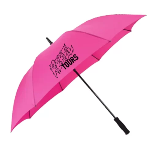 Pink promotional umbrella custom printed and branded with logo.