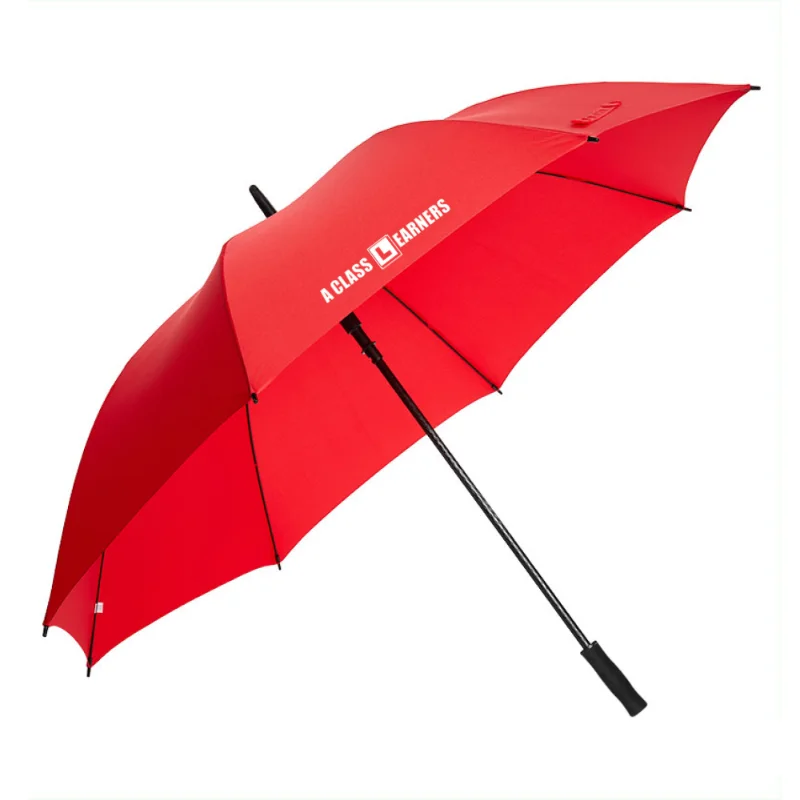 Red customised golf umbrella branded with corporate logo.