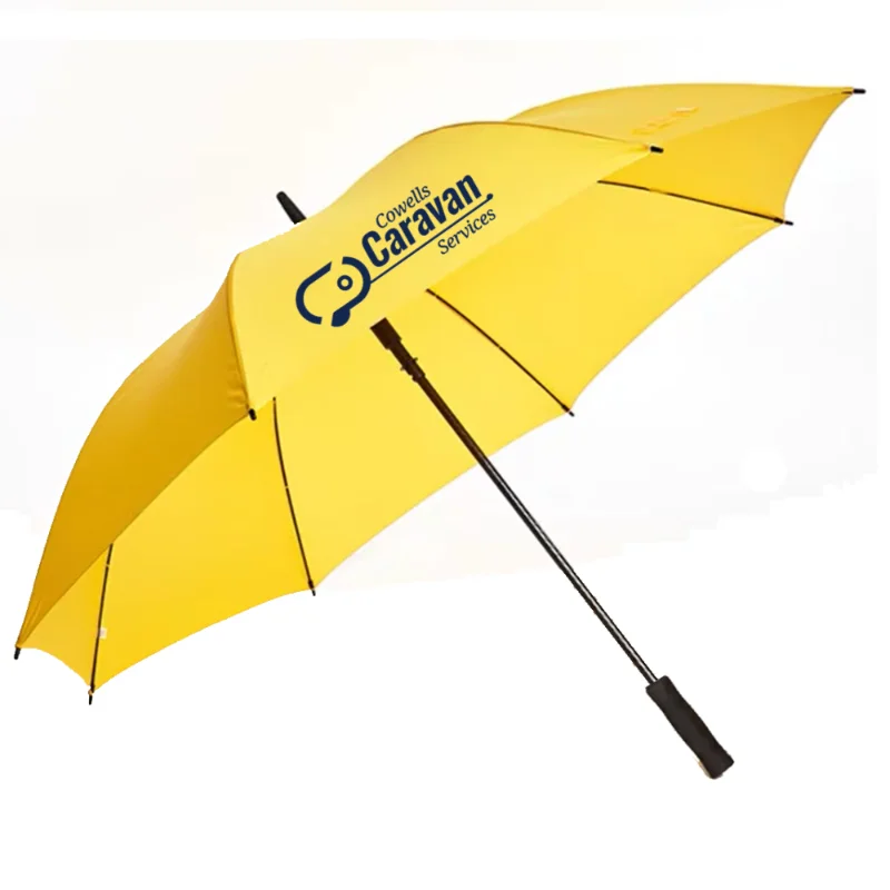 Customised yellow golf umbrella custom printed with corporate brand logo.