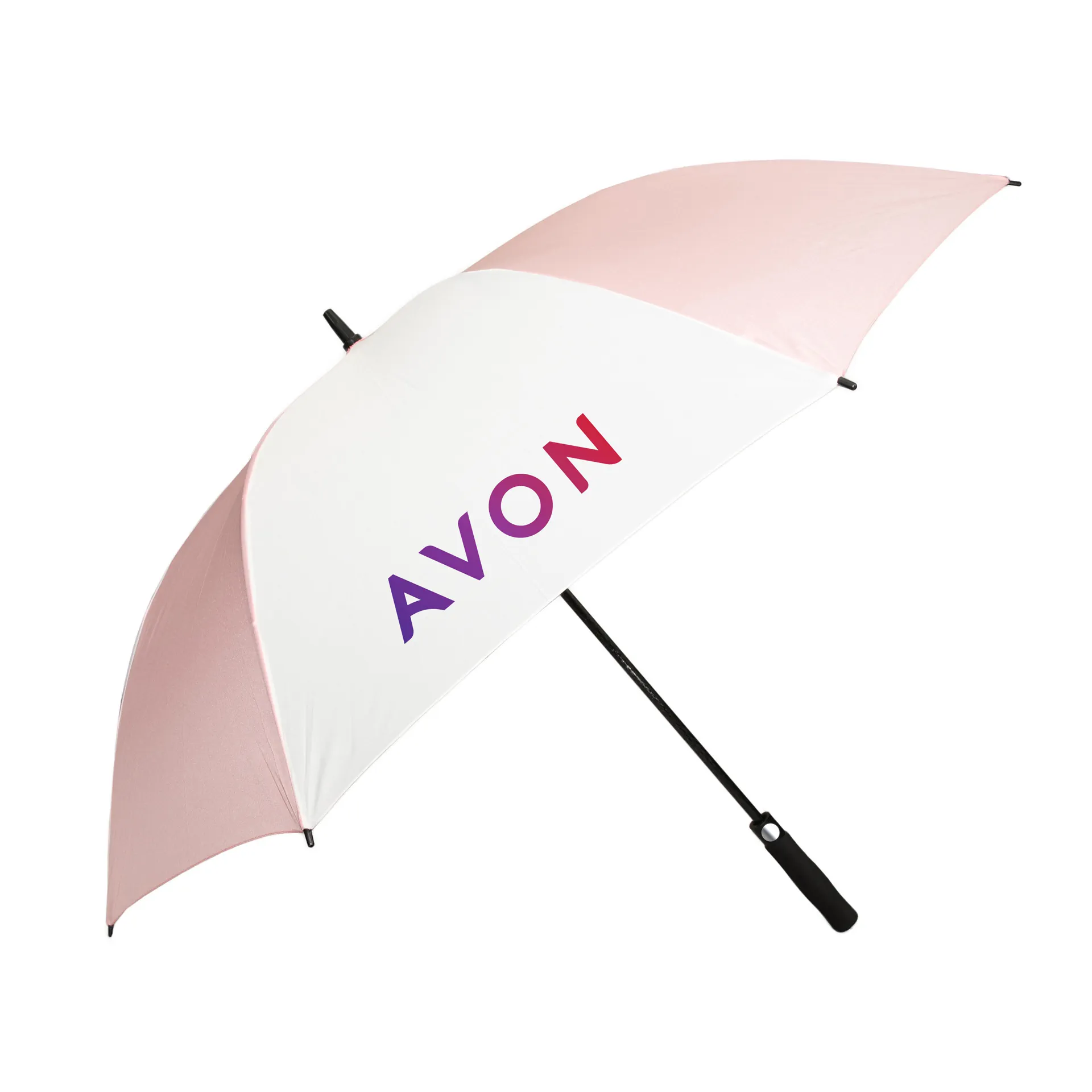 pink_white_avn Custom branded promotional umbrella - no minimum order. Pink and white golf umbrella.