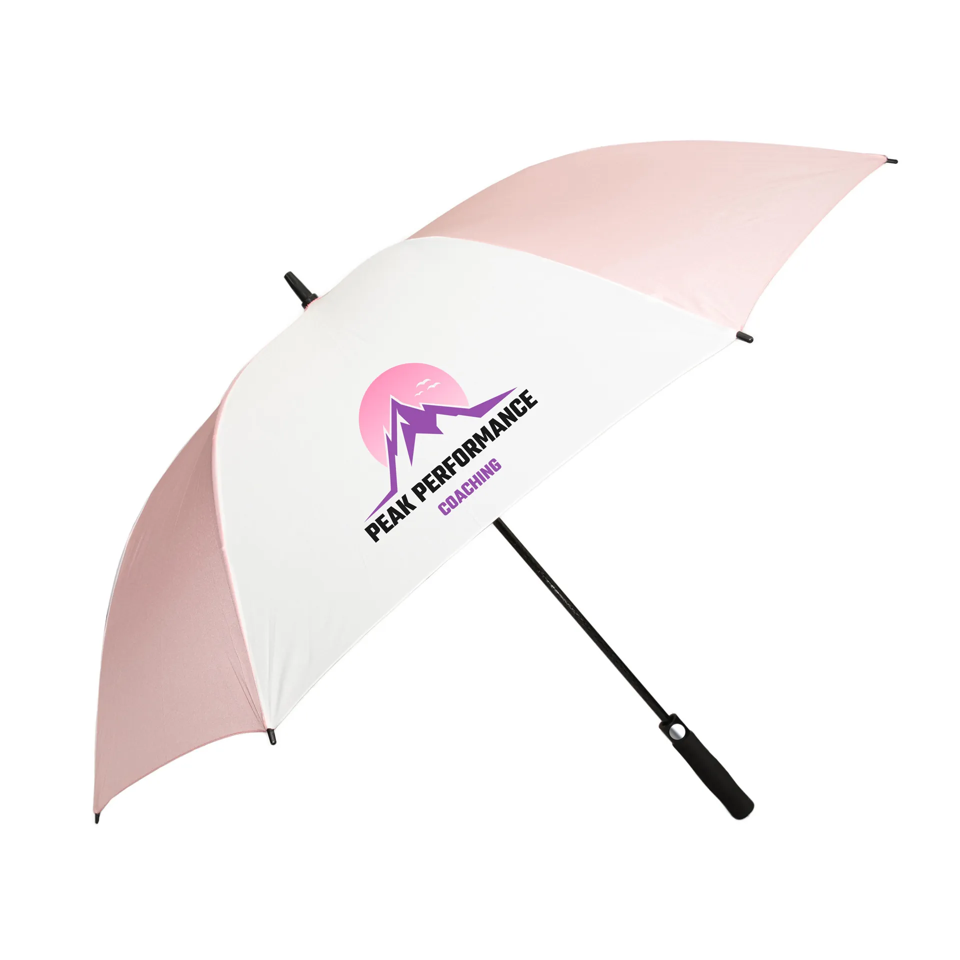 pink_white_peakp Customised golf umbrella in pink and white branded with logo in full colour,