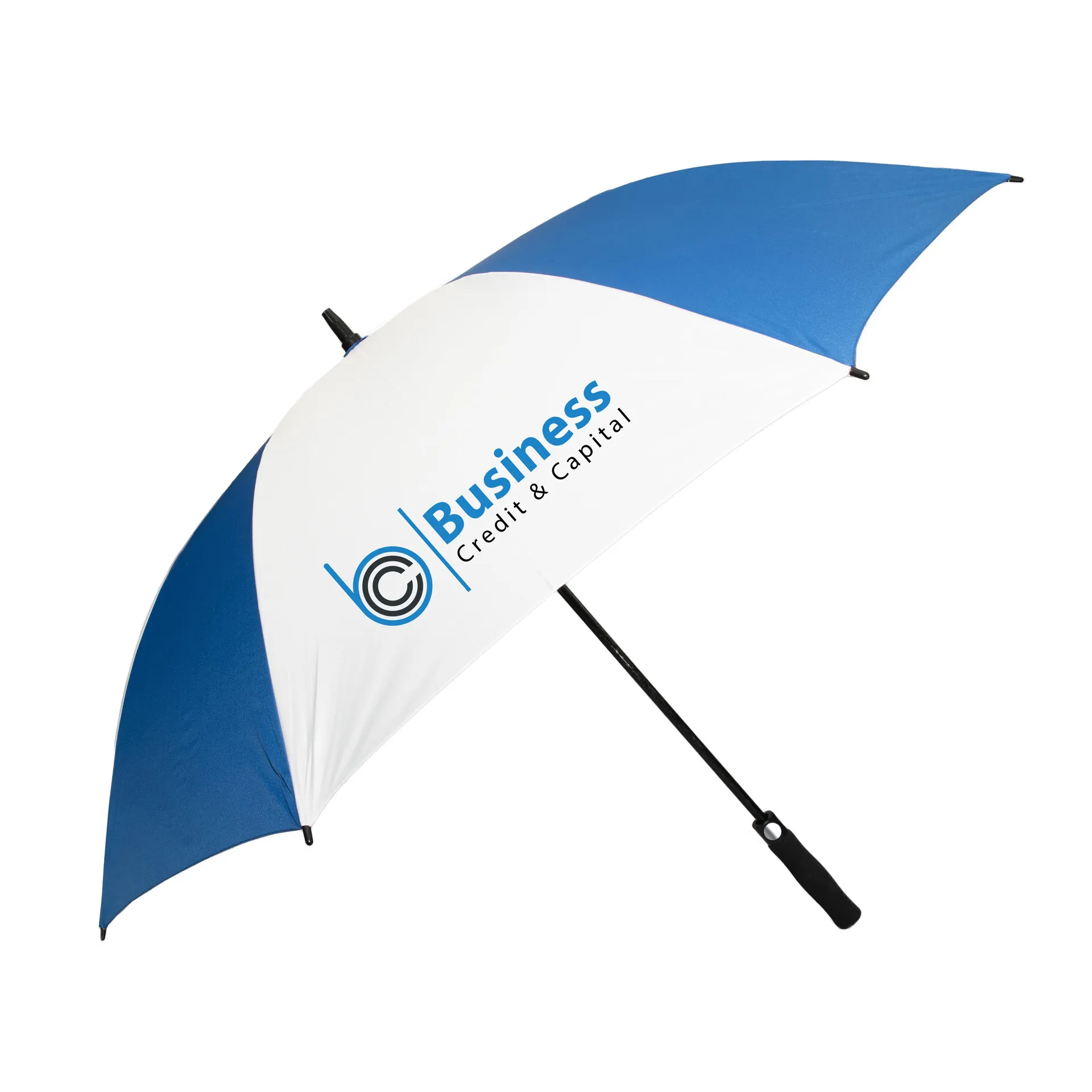 royal_blue_white_busines_cap Custom branded promotional umbrella - no minimum order. Royal blue and white panel golf umbrella. DX1.