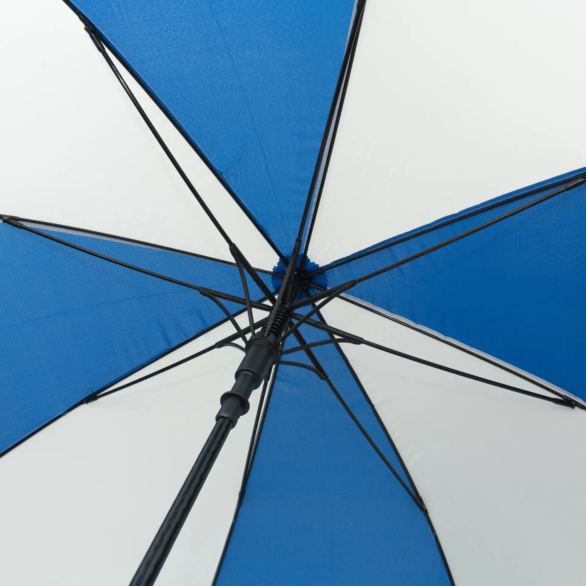 royal_blue_white_internal Custom branded promotional umbrella - no minimum order. Royal blue and white panel - internal frame.