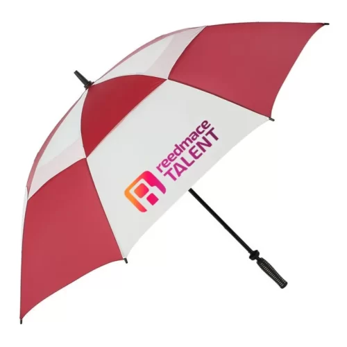 Promotional vented golf umbrella custom printed with corporate logo. Burgundy and white colour.