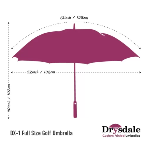 Dimensions of DX-1 Full Size Golf Umbrella. Designed & produced exclusively by Drysdale Umbrellas.