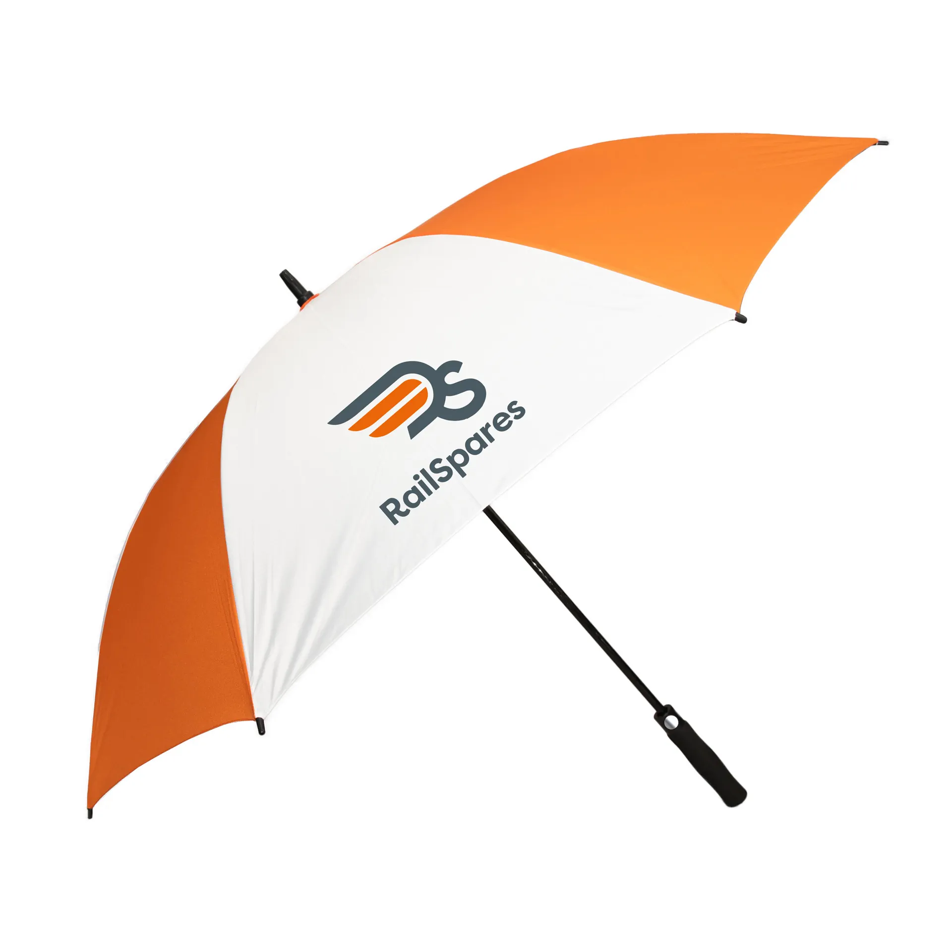 orange_white_railspars Custom branded promotional umbrella - no minimum order. Orange and white panel golf umbrella.