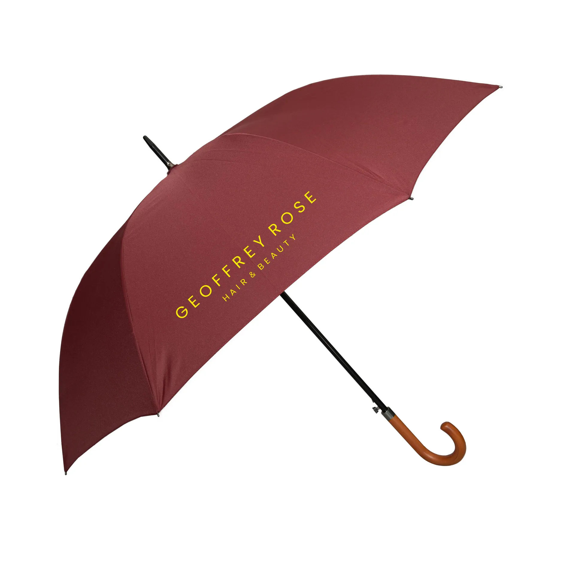 Burgundy walker umbrella with wooden crook handle, custom printed and branded with logo, no minimum order.
