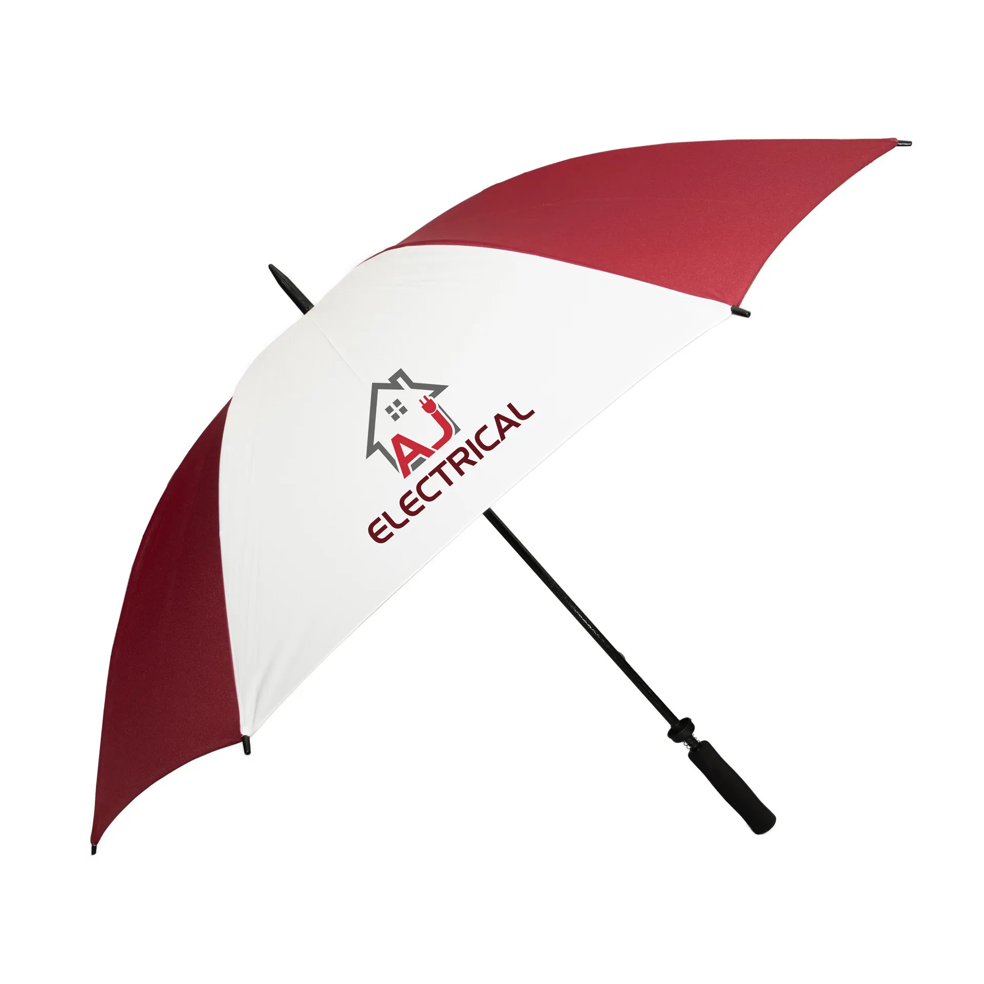 burg_white_aje Custom branded promotional umbrella - no minimum order. Burgundy and white panel umbrella.