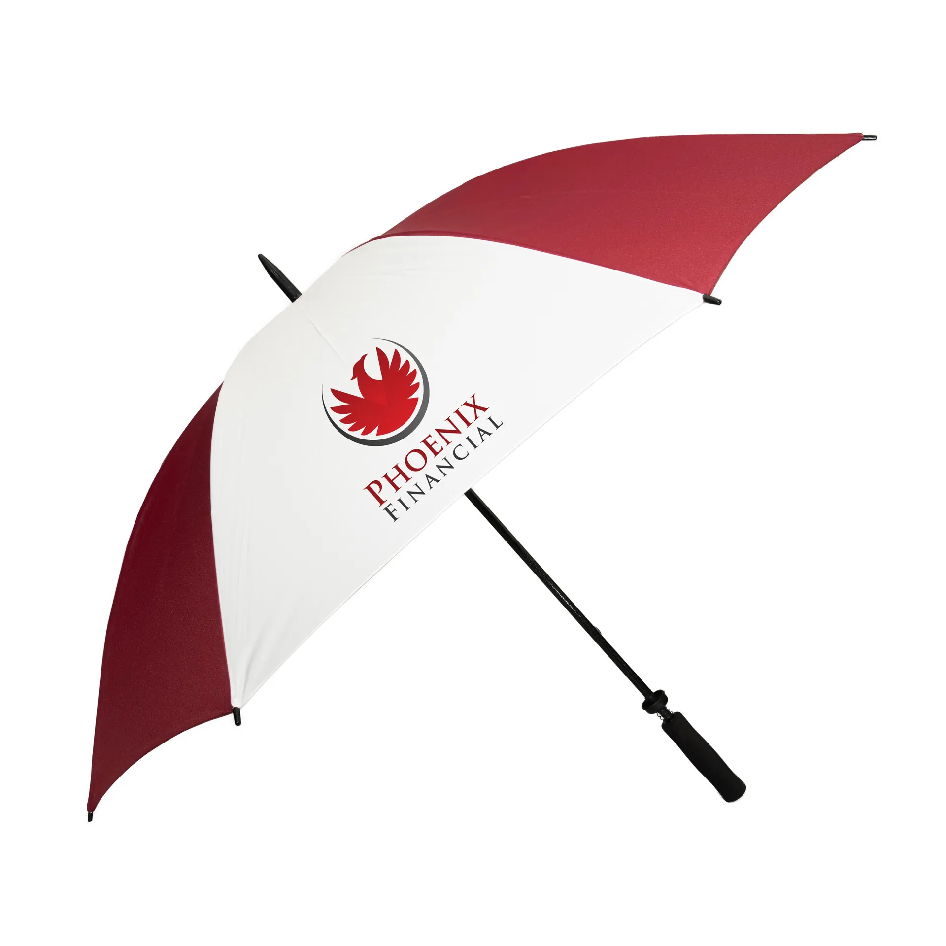 burg_white_phoeix Custom branded promotional umbrella - no minimum order. Burgundy and white panel umbrella.