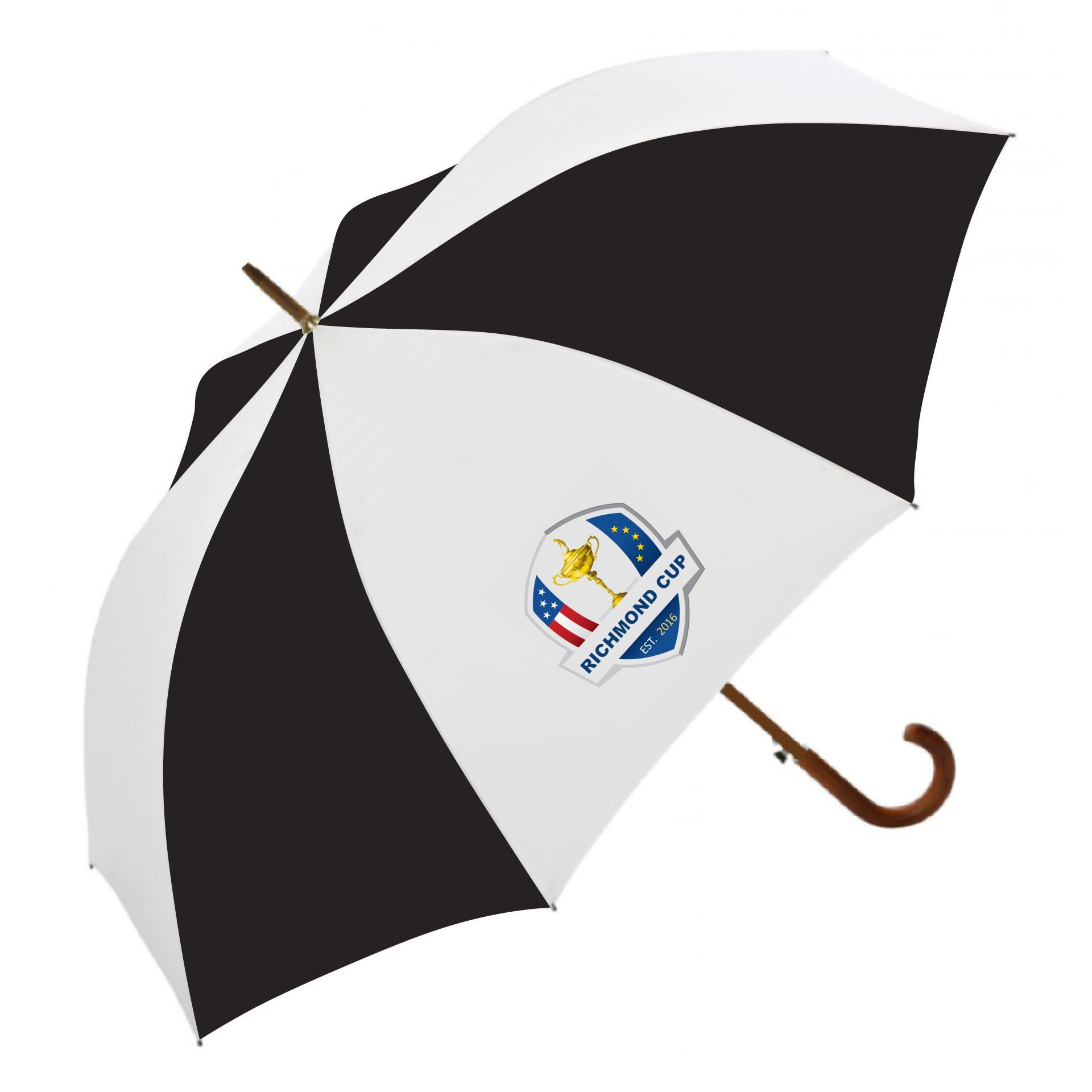 Wooden umbrella with wood curved cook handle.