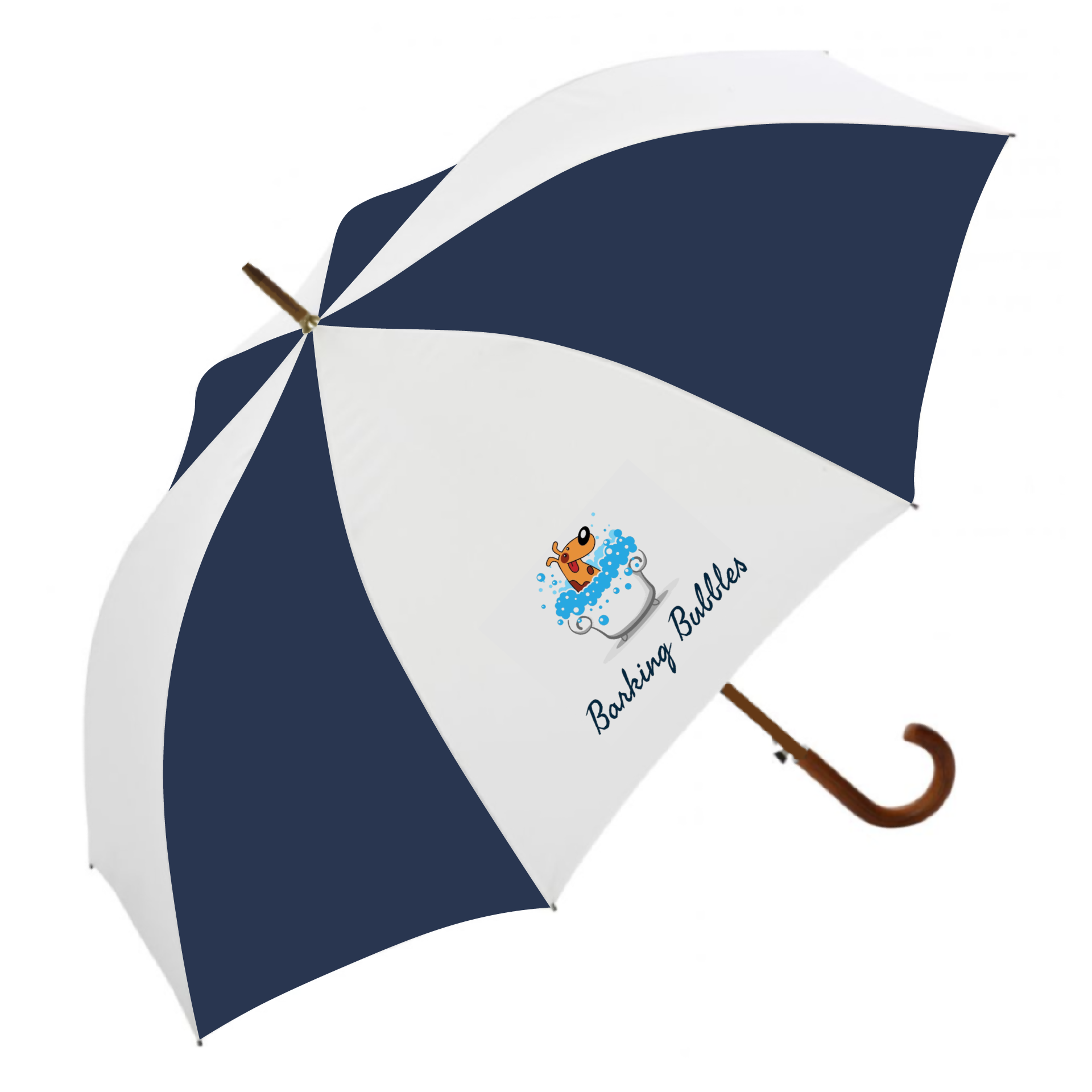 Branded umbrellas with wooden handle for custom printing and branding with no minimum order.