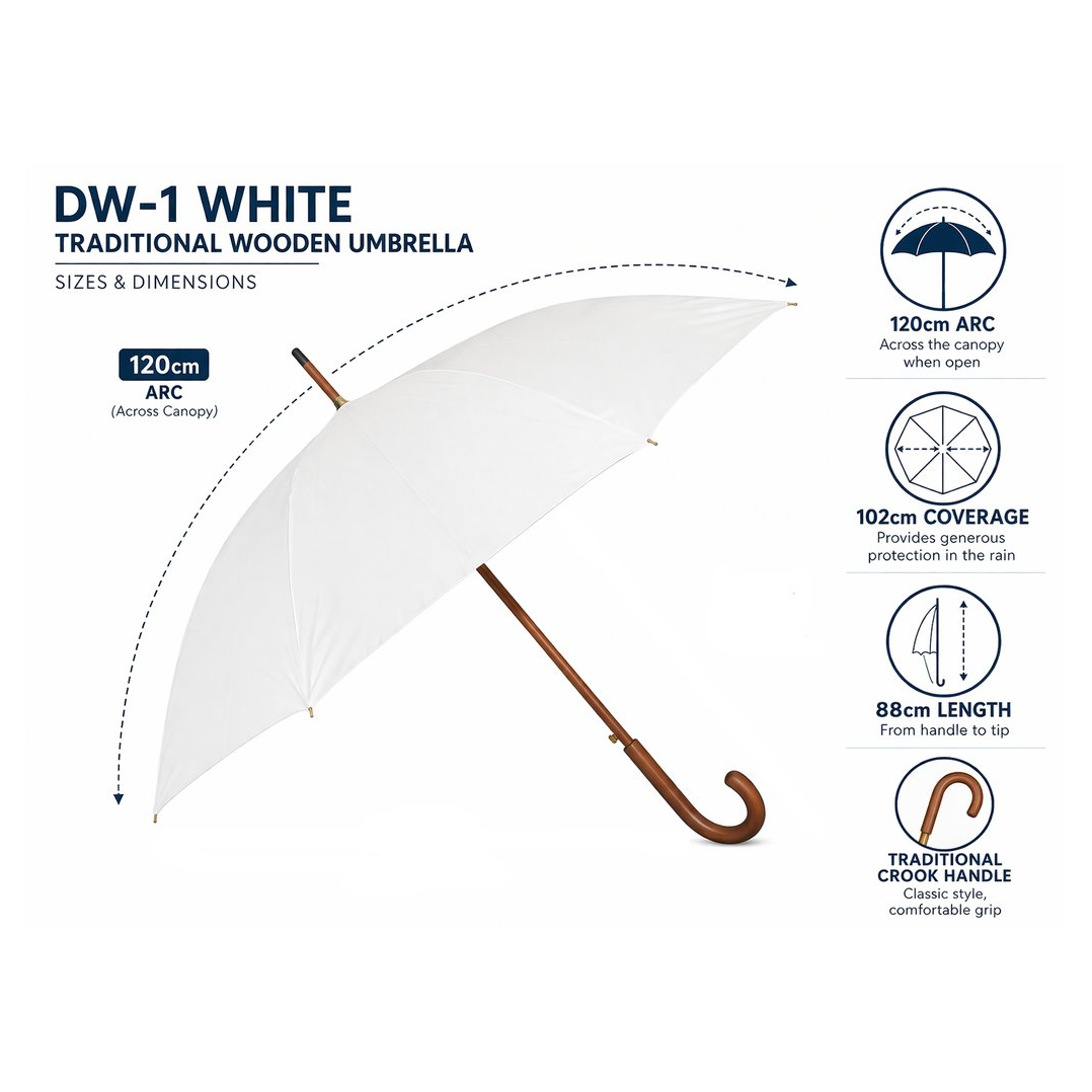 White wooden crook handle umbrella custom printed branded personalised option