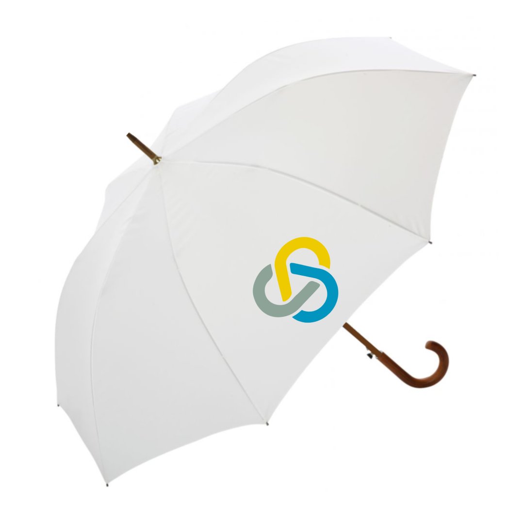 Umbrella with wooden handle. Wood curved crook handle. Customised printed umbrellas.