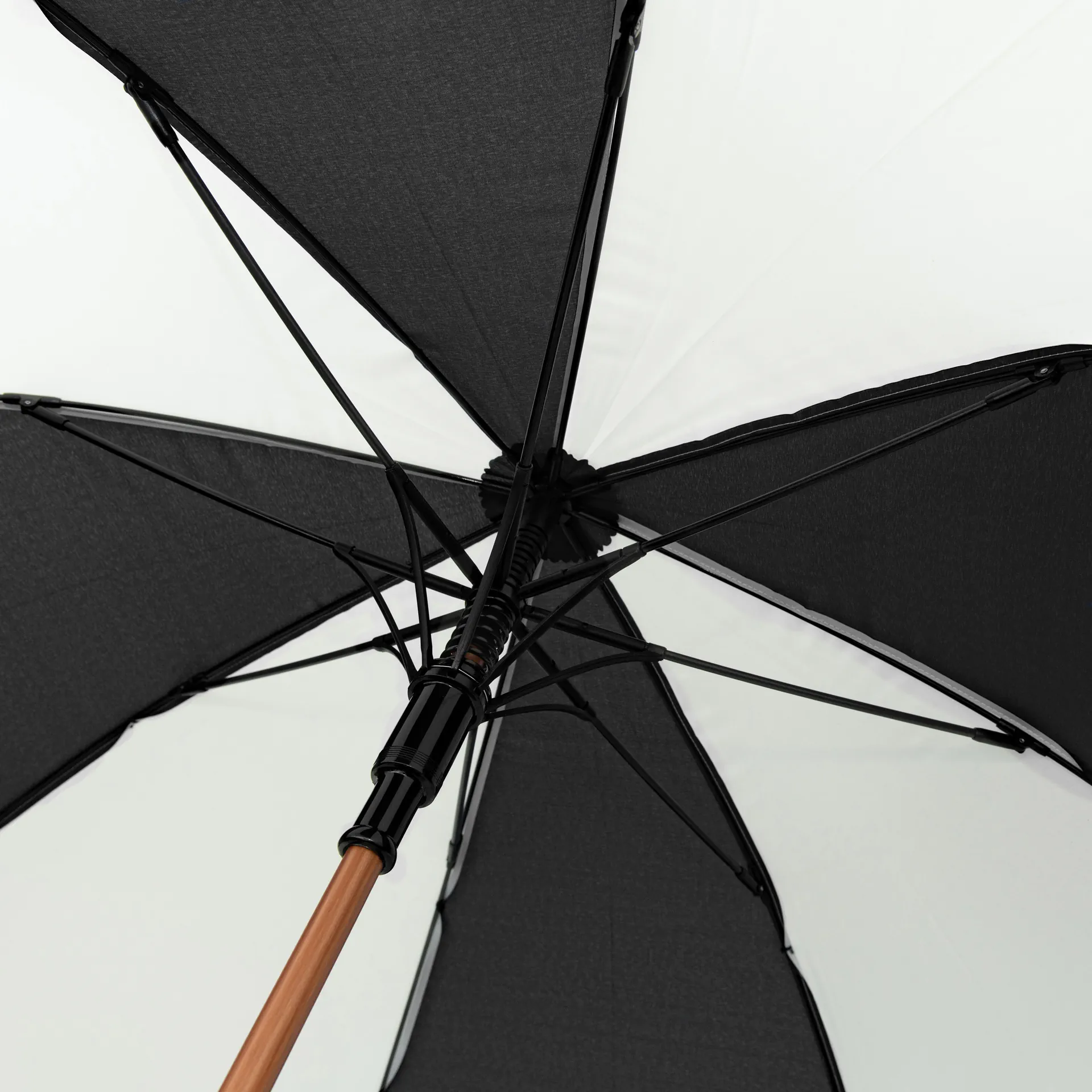 Custom branded promotional umbrella - no minimum order. Black and white DW-1 internal frame.
