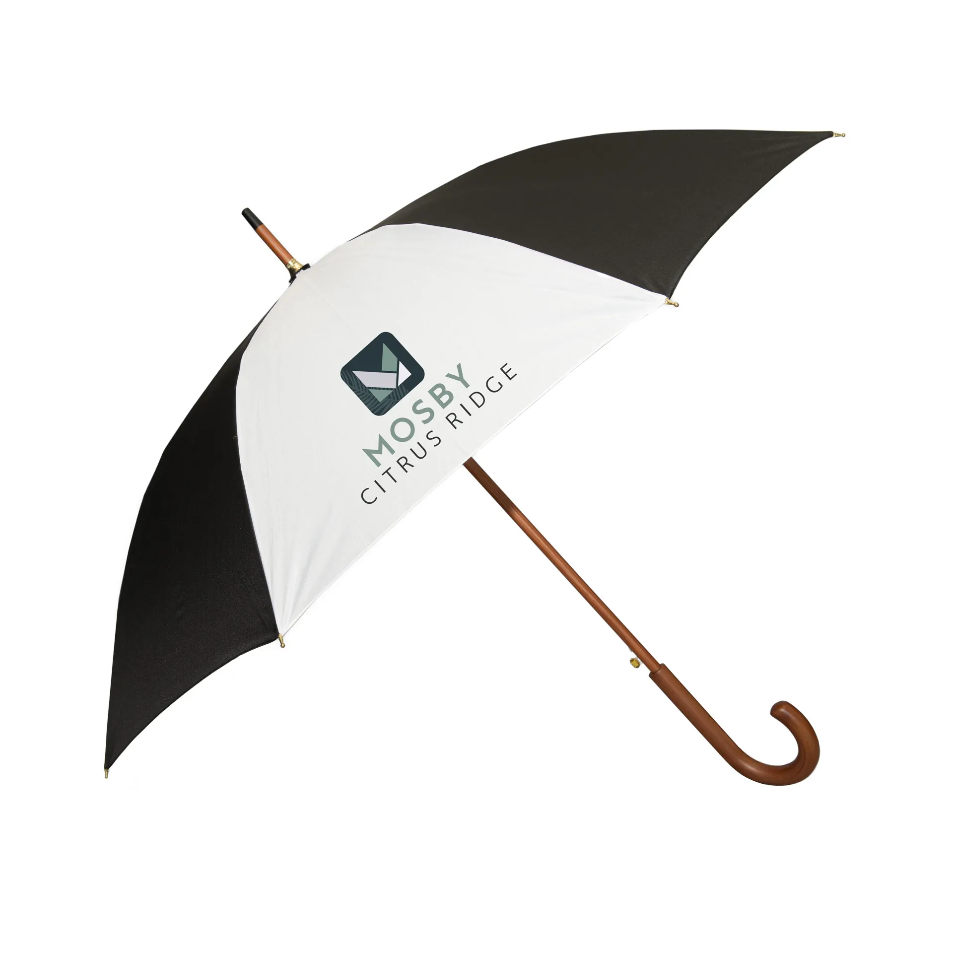 Black and white branded umbrella with wooden handle and custom logo printing