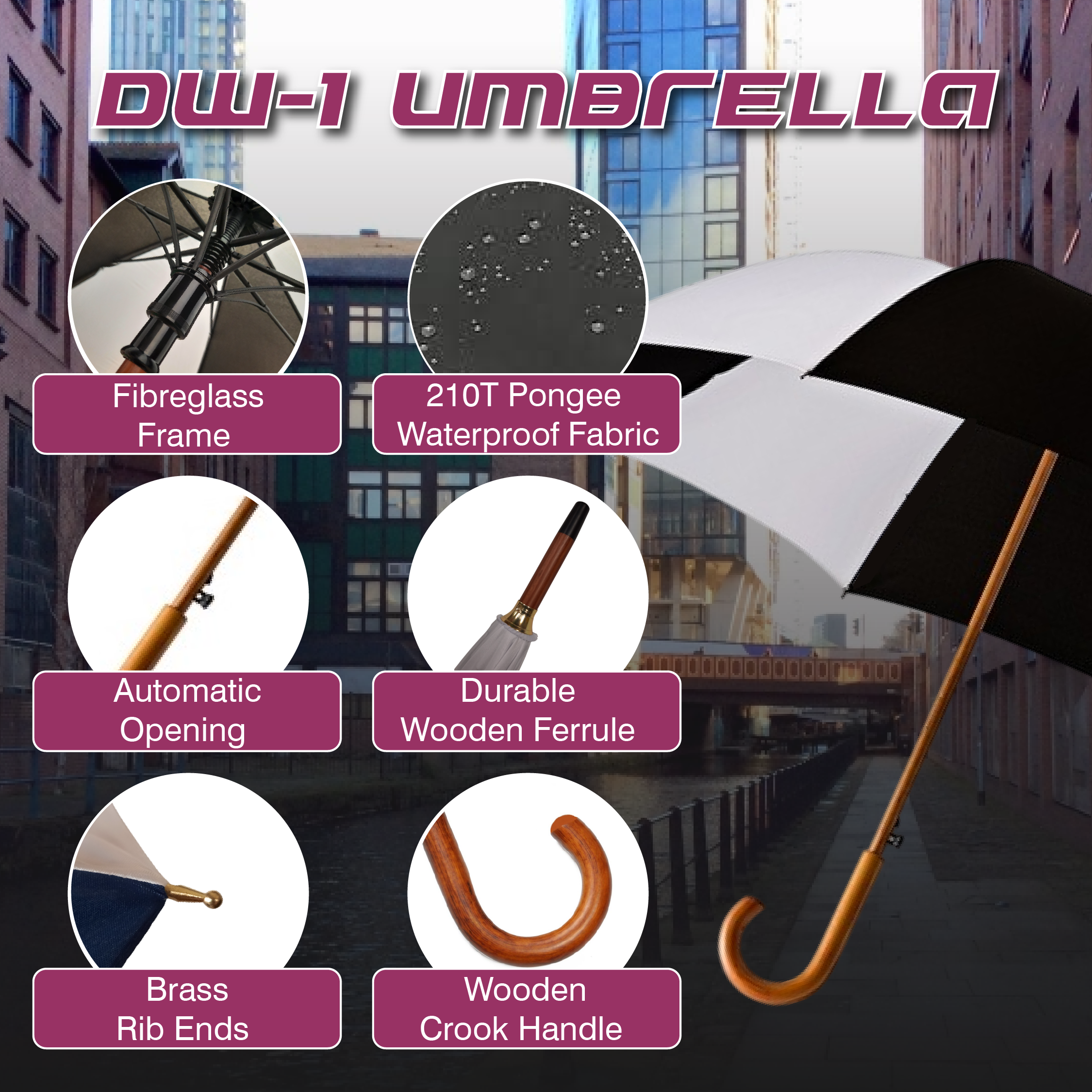 DW-1 wooden umbrellas with curved crook handle.