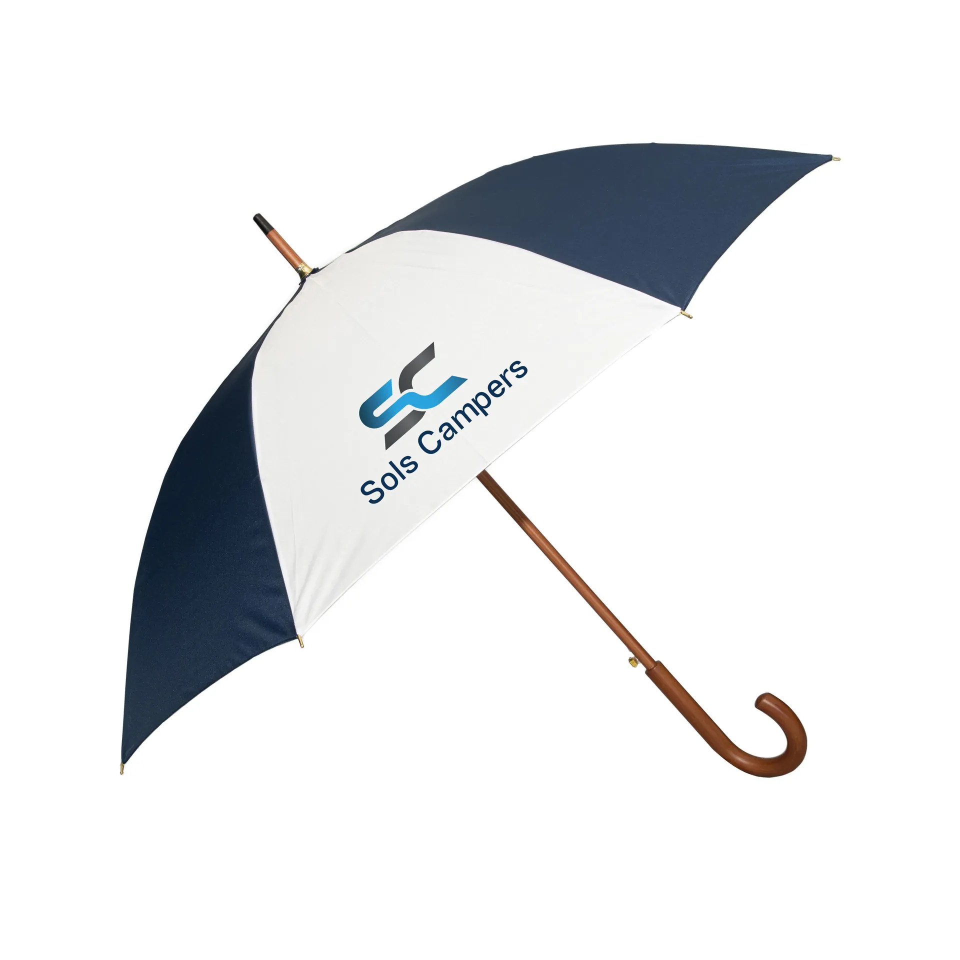 Navy and white branded umbrella with wooden handle and custom logo printing