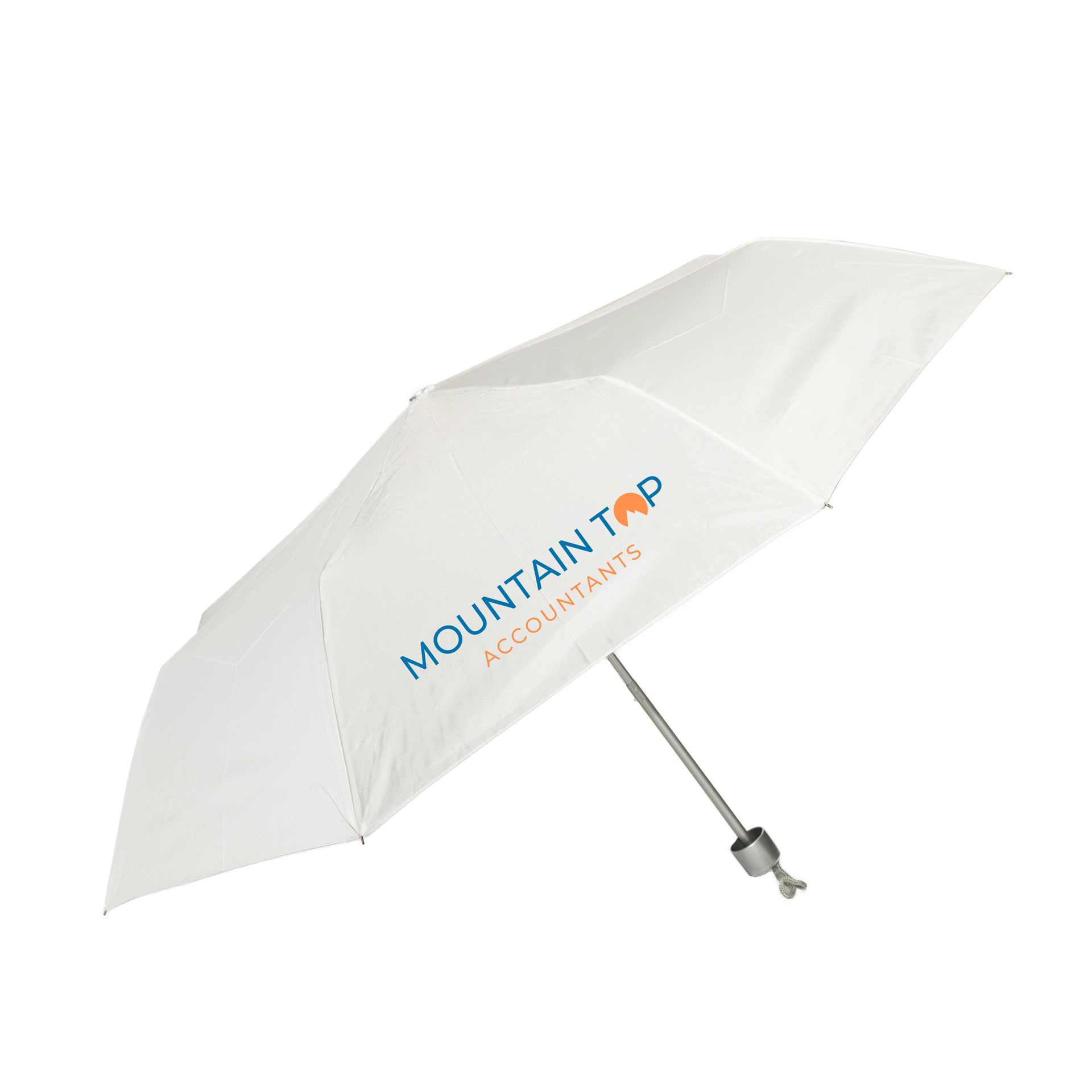 White compact folding umbrella custom branded with logo