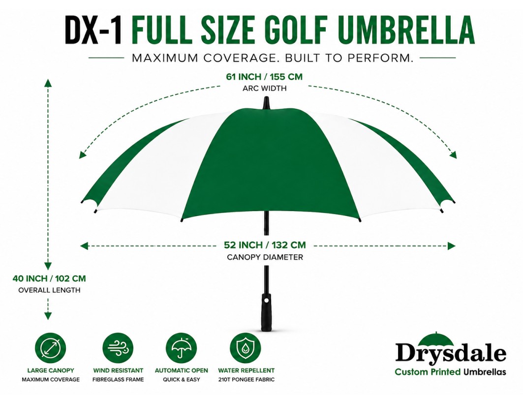 DX-1 Green & White Golf Umbrella Size Guide DX-1 green and white full size golf umbrella size guide showing canopy dimensions and umbrella measurements
