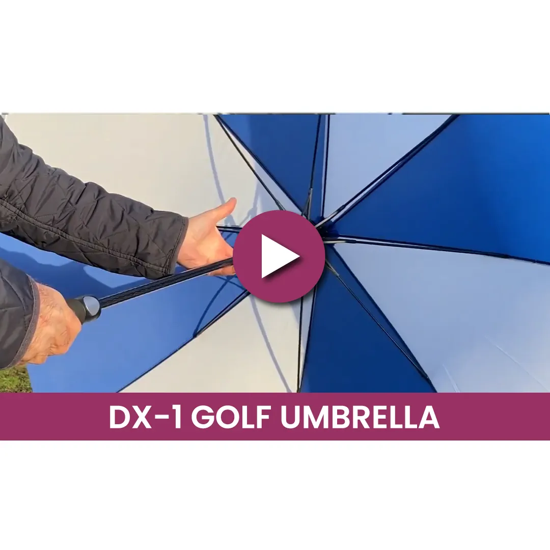Royal Blue & White Custom Branded Umbrella in Use Royal blue & white custom branded umbrella in use showing quality and wind resistance