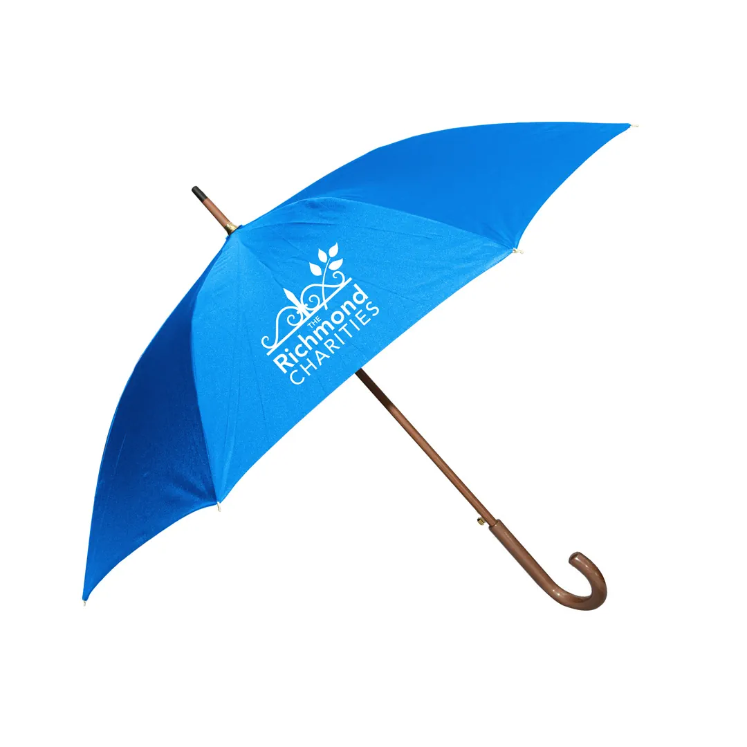 Custom printed royal blue umbrella with wooden crook handle