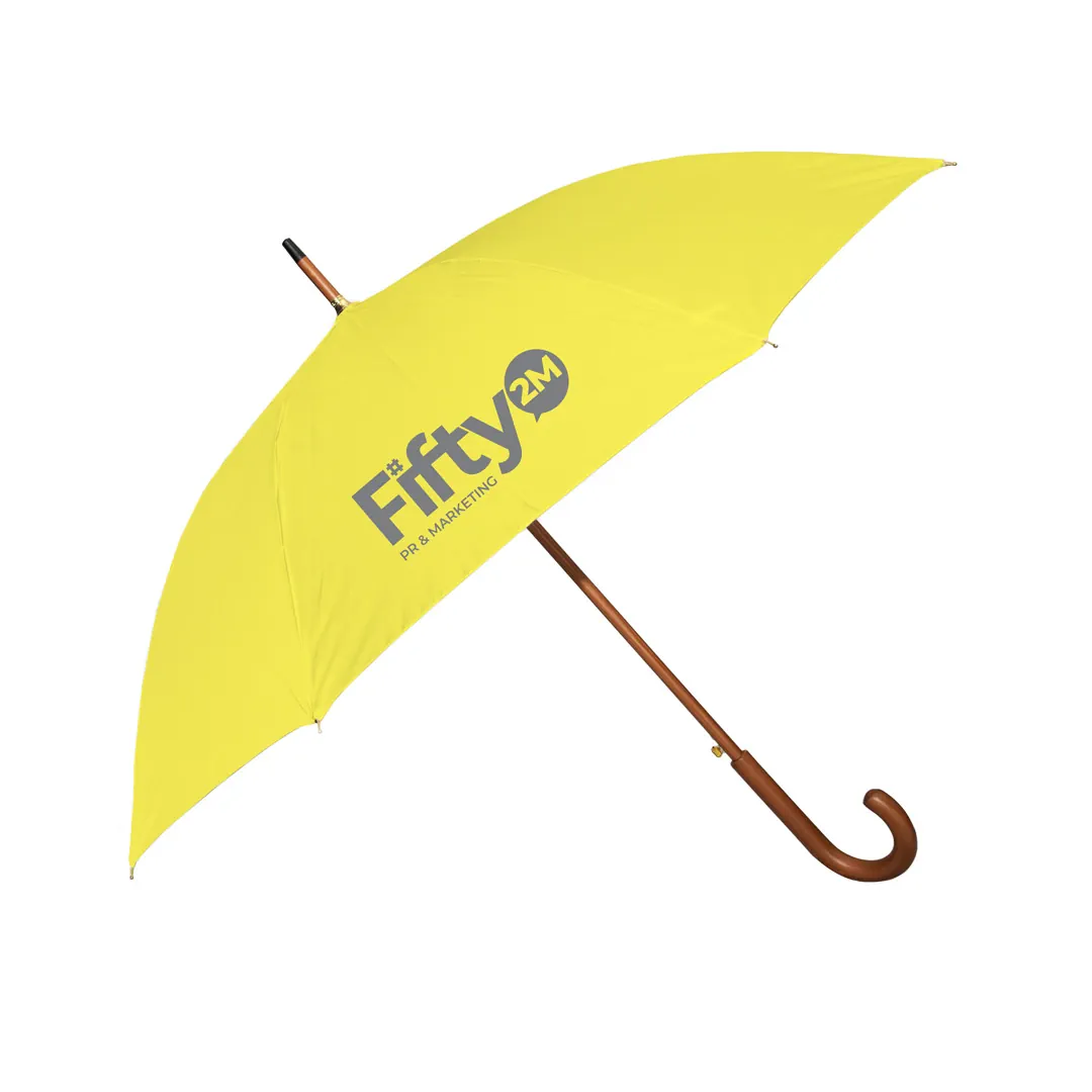 DW-1 Golf Umbrella. Yellow panels, crook wooden handle. Custom printed promotional umbrellas branded with your logo.