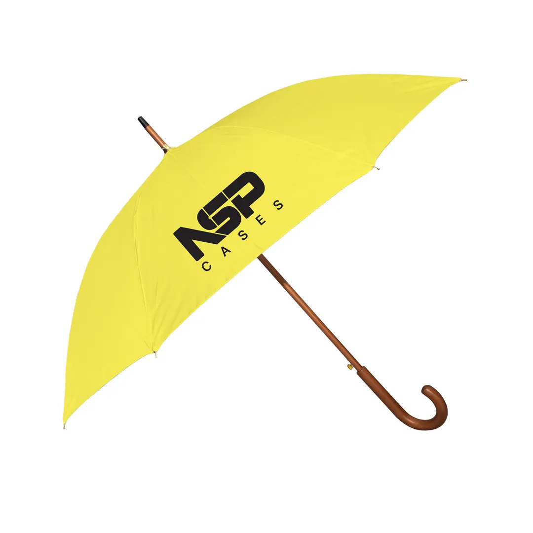 Yellow promotional umbrella with wooden crook handle.