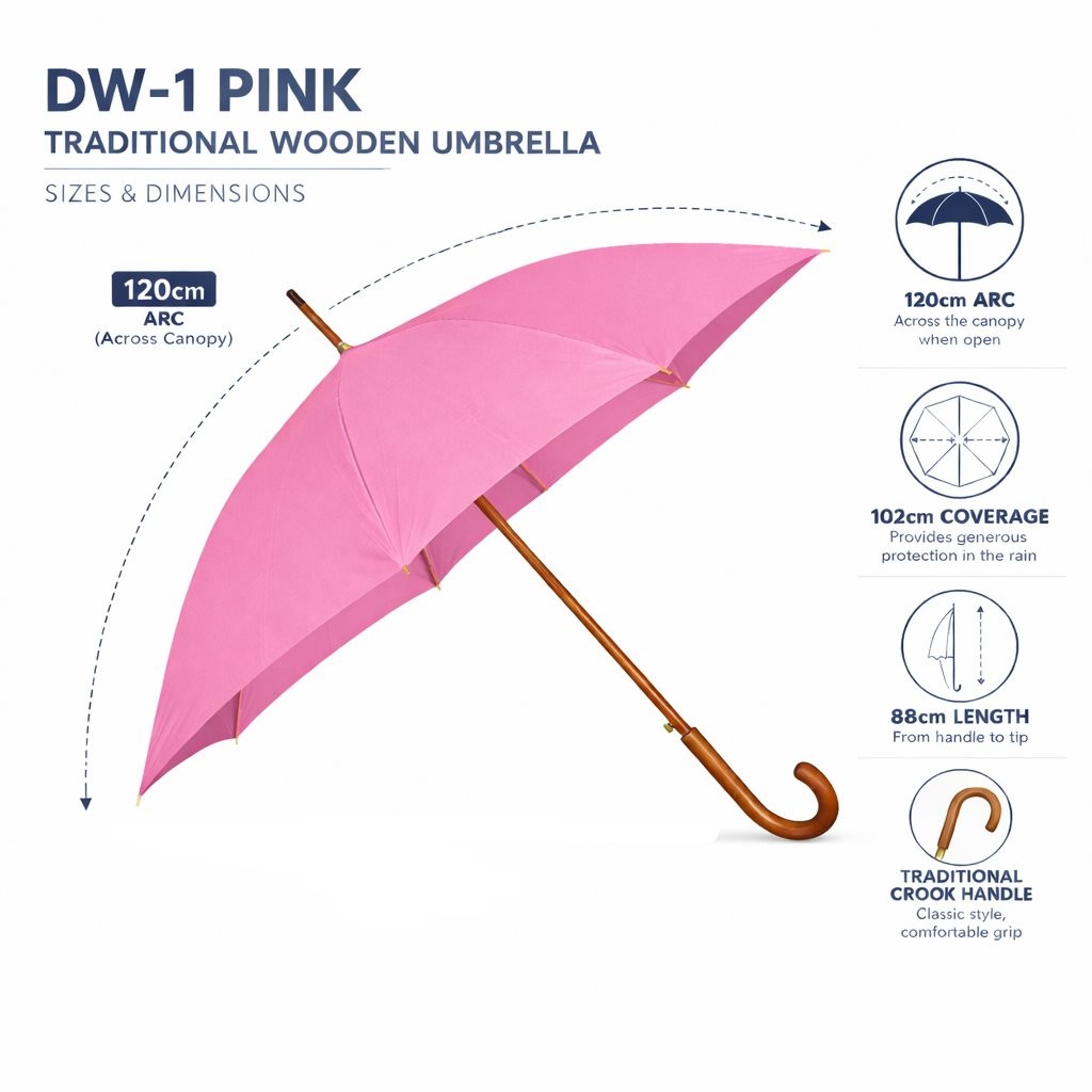 Pink wooden crook handle umbrella size diagram 102cm coverage 120cm arc 88cm length