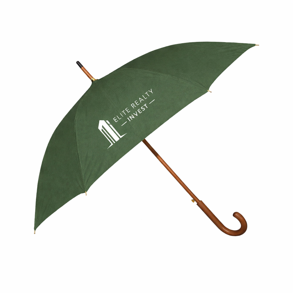 Custom printed green umbrella with wooden handle for logo for promotional branding